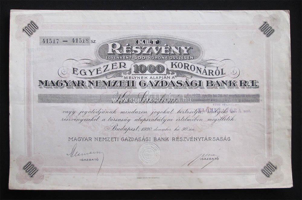 Magyar Nemzeti Gazdasági Bank 2x500 korona 1920 - Irredenta